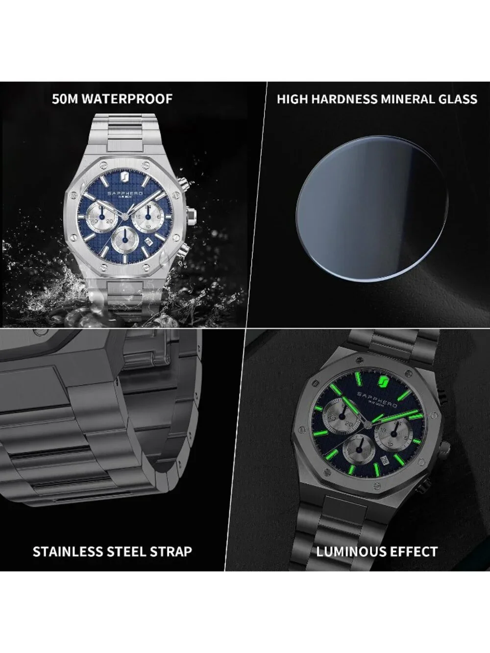 Men's Silver Strap Blue Face Stainless Steel Octagonal Date Quartz Wrist Watch
